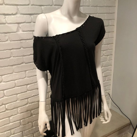 All Saints Tops - ALLSAINTS BLACK HAND BRAIDED FRINGE OFF THE SHOULDER JERSEY KNIT TOP DISTRESSED